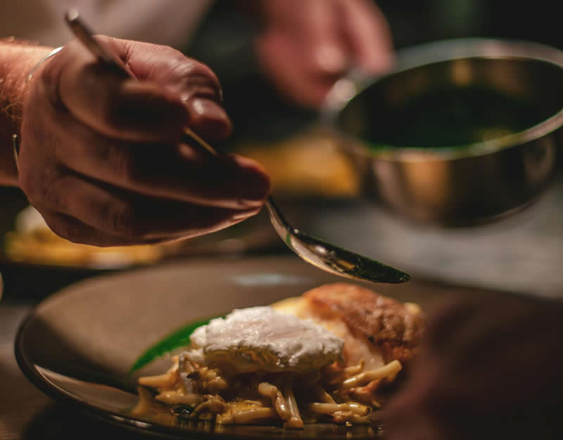 Saus cursus foto hand met saus gerecht en pan